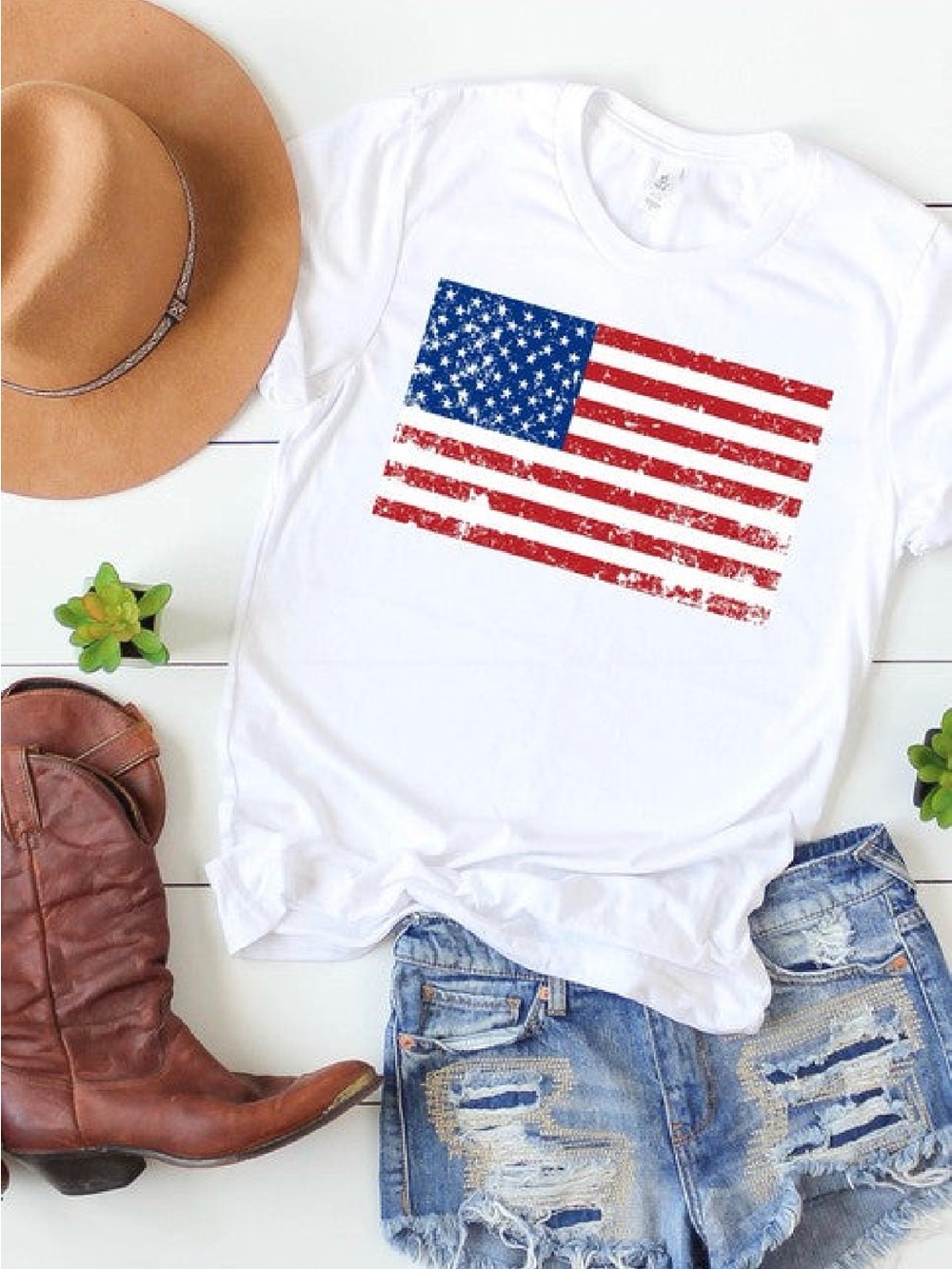 White Tee with Distressed American Flag Graphic